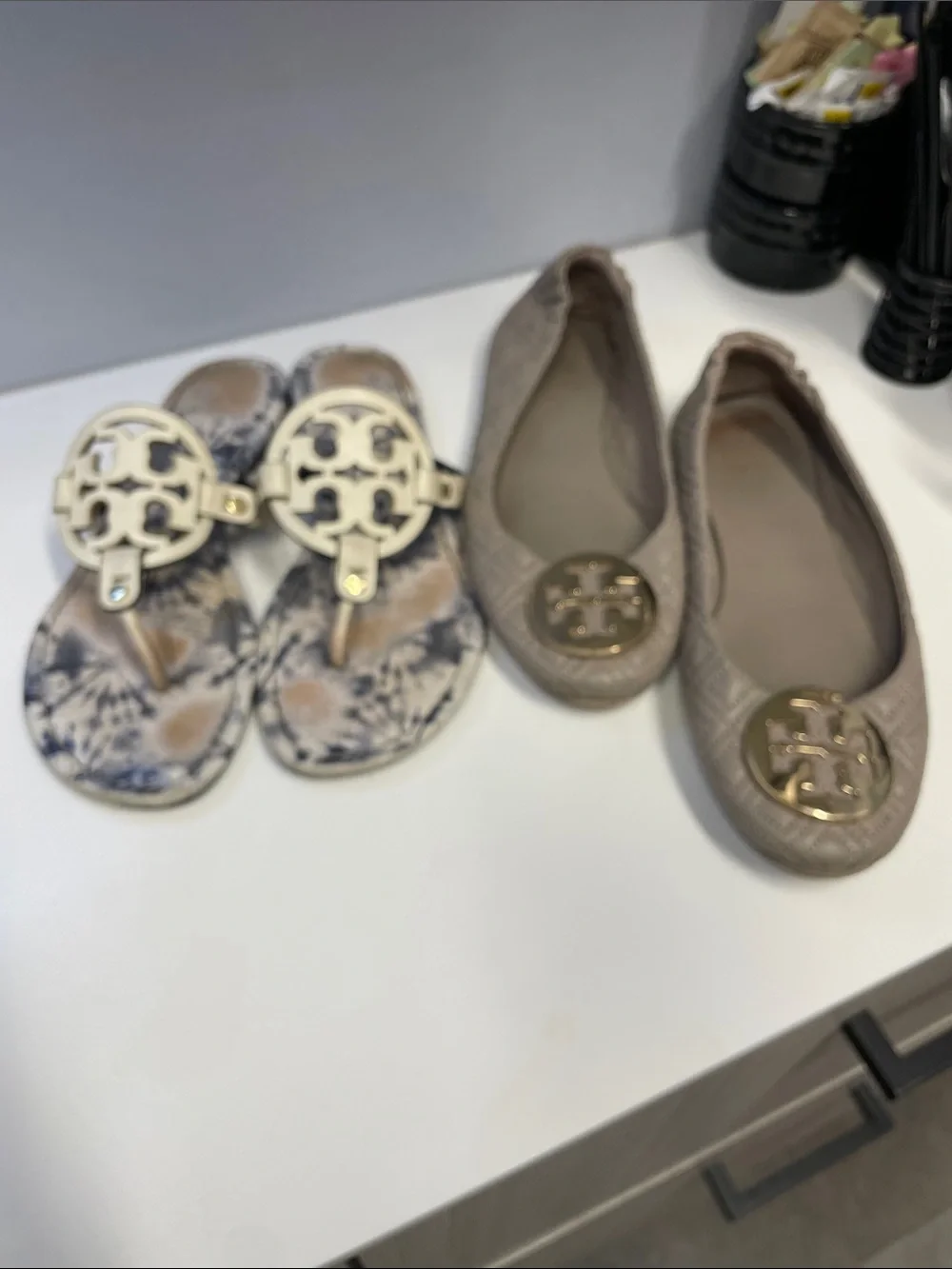 Tory Burch Taupe Ballet Flats with Gold Logo and White Tie-Dye Logo Sandals 9